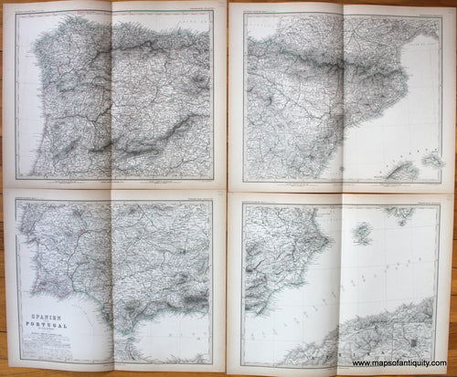 Antique-Map-Spain-Portugal-Spanien-in-4-blattern-Stieler-1876-1870s-1800s-19th-century-Maps-of-Antiquity