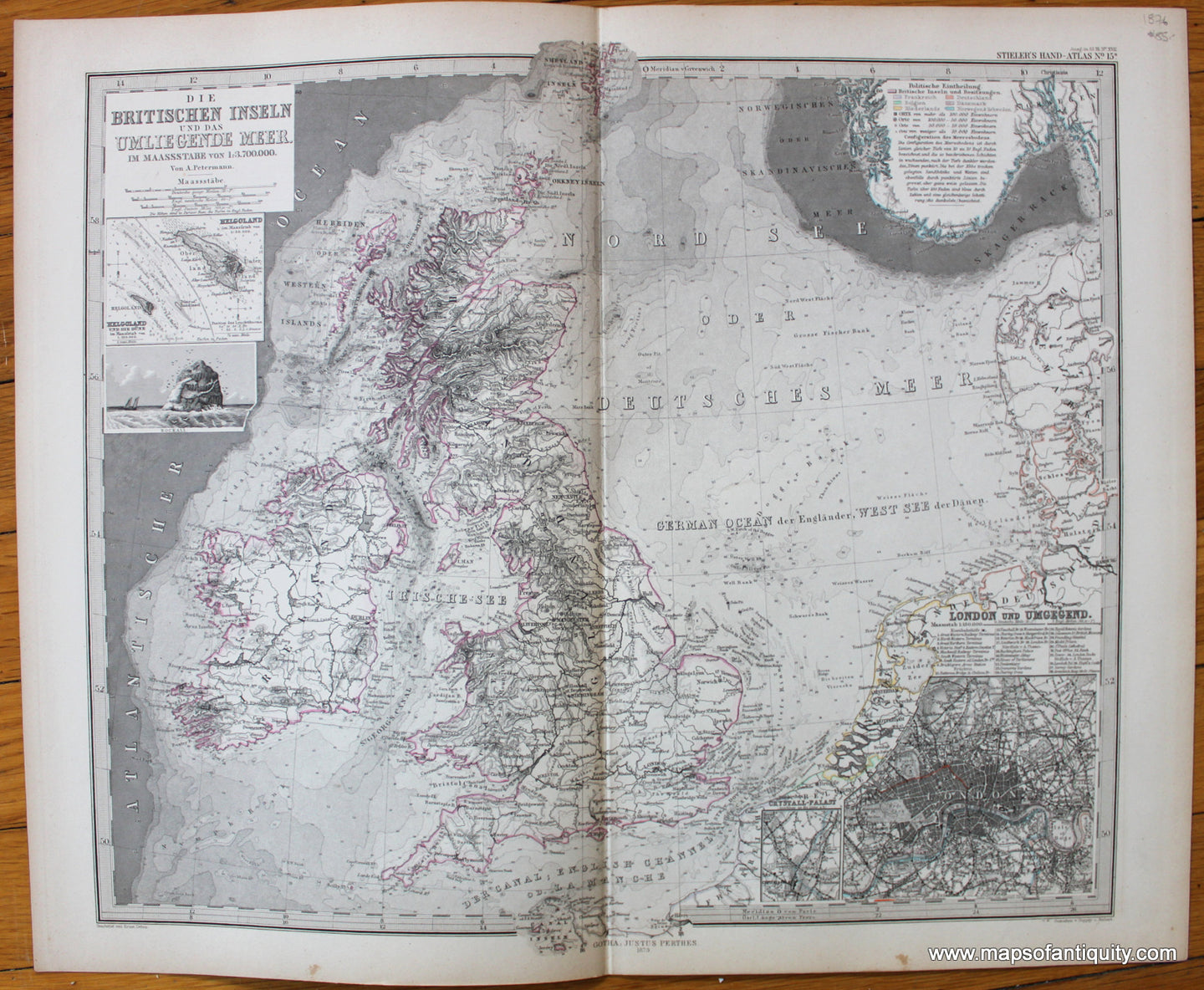 Antique-Map-Britischen-inseln-umliegende-meer-British-Isles-England-Wales-Scotland-Ireland-United-Kingdom-Stieler-1876-1870s-1800s-19th-century-Maps-of-Antiquity