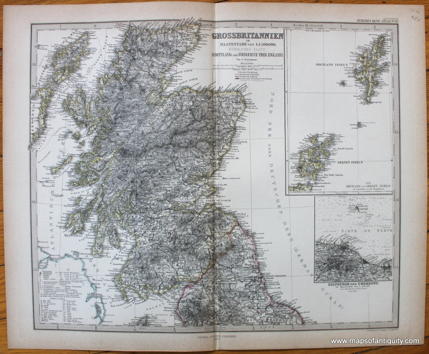 Antique-Map-Grossbritannien-Scotland-England-Great-Britain-United-Kingdom-Stieler-1876-1870s-1800s-19th-century-Maps-of-Antiquity