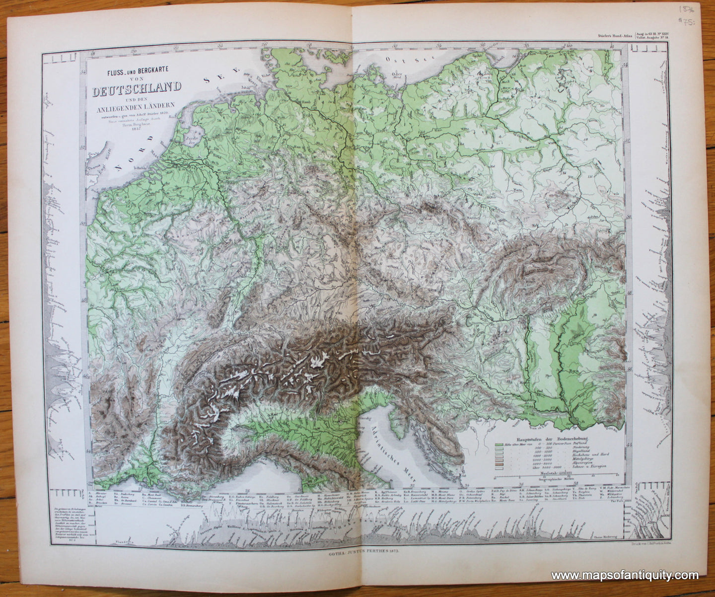 Antique-Map-Fluss-Bergkarte-Deutschland-Europe-Germany-Mountains-Rivers-Topography-Topographic-Stieler-1876-1870s-1800s-19th-century-Maps-of-Antiquity