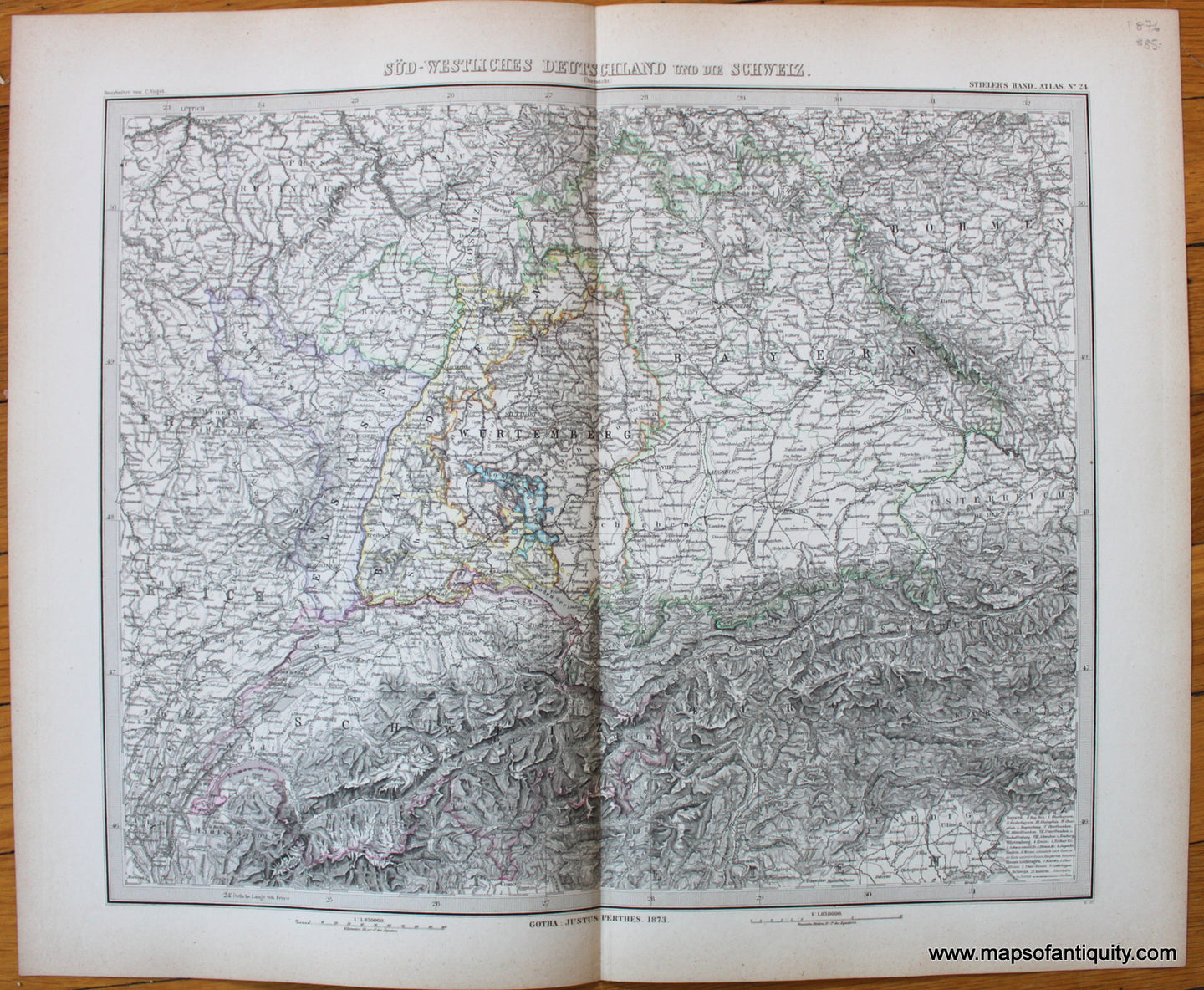 Antique-Map-Deutschland-Europe-Germany-Switzerland-Austria-Tirol-Schweiz-Sud-Westliches-Stieler-1876-1870s-1800s-19th-century-Maps-of-Antiquity