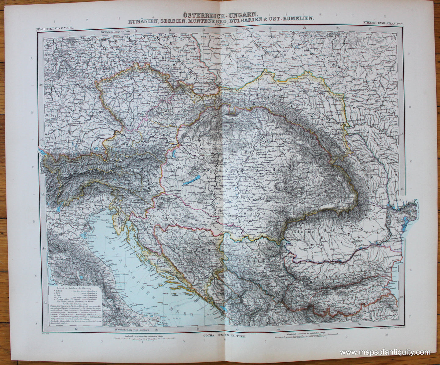 Antique-Map-Austria-Tirol-Hungary-Osterreichisch-Ungarische-Monarchie-Austro-Hungarian-Empire-Balkans-Czechia-Slovakia-Croatia-Romania-Stieler-1889-1880s-1800s-19th-century-Maps-of-Antiquity