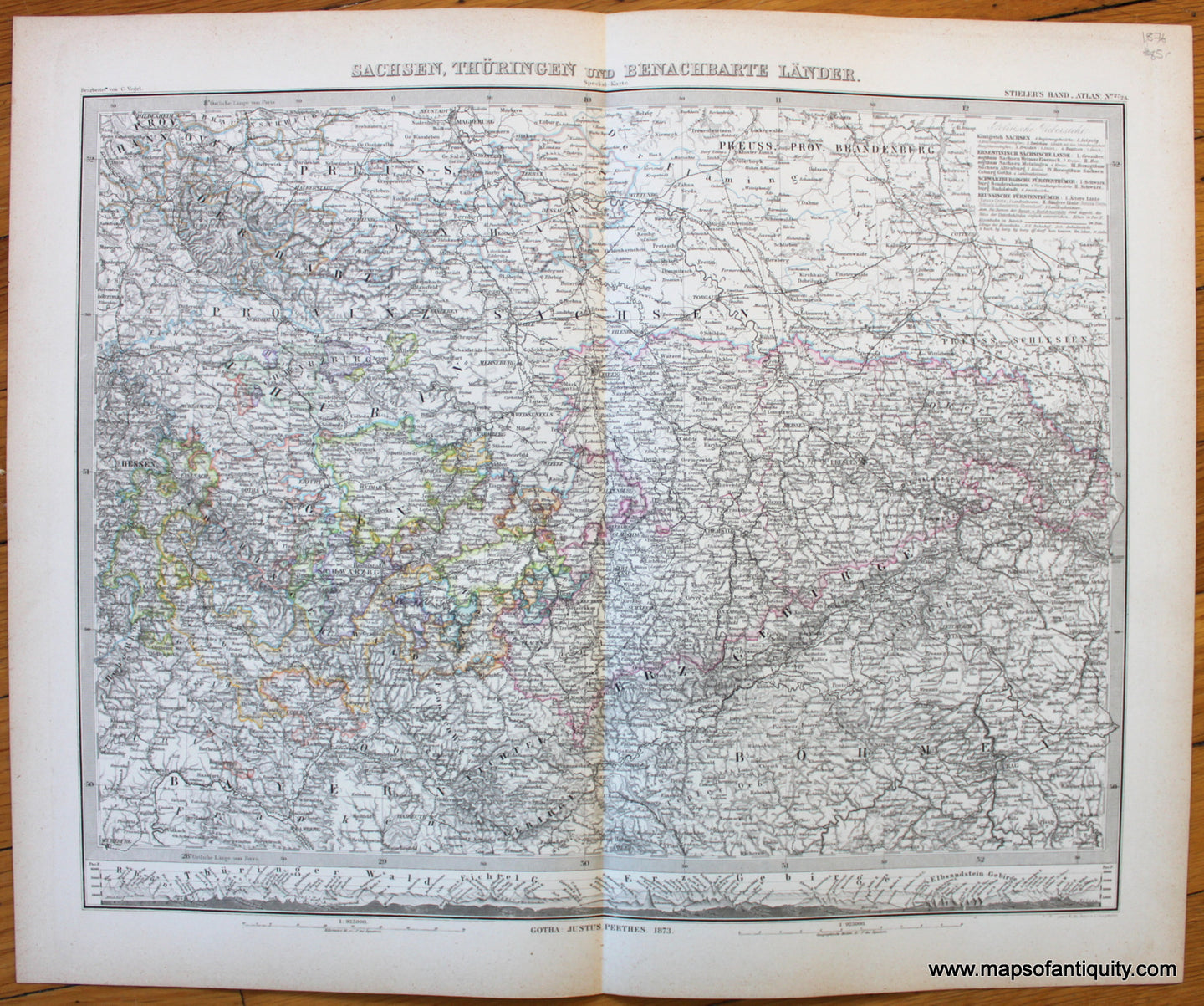 Antique-Map-Deutschland-Europe-Germany-Czechia-Sachsen-Thuringen-Benachbarte-Lander-Stieler-1876-1870s-1800s-19th-century-Maps-of-Antiquity