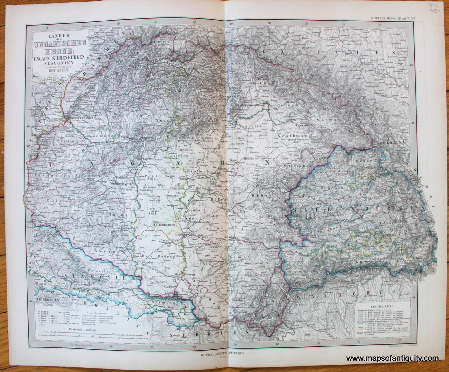 Antique-Map-Europe-Ungarischen-Krone-Hungary-Slovakia-Romania-Balkans-Stieler-1876-1870s-1800s-19th-century-Maps-of-Antiquity