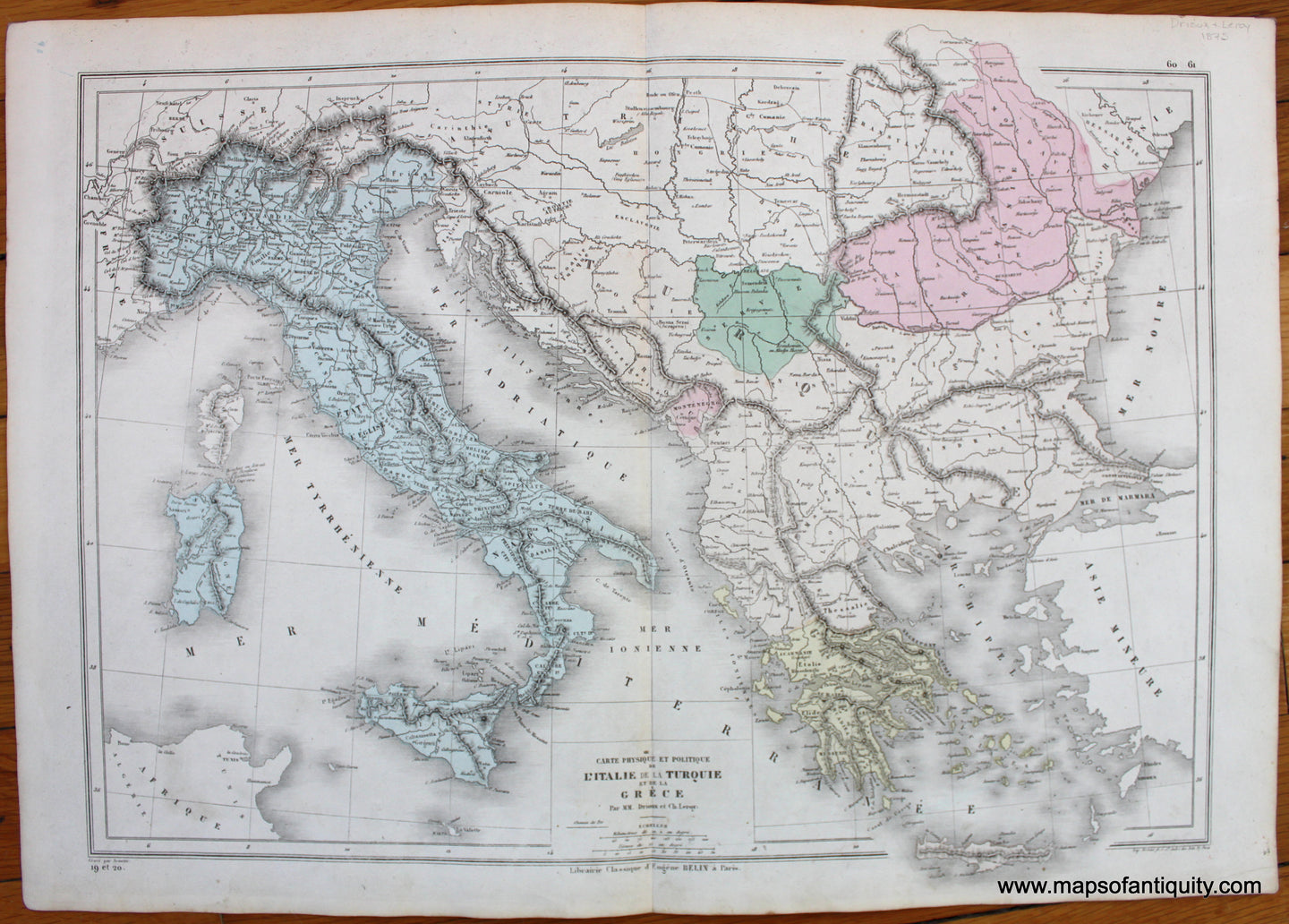 Antique-Map-Italy-Greece-Balkans-Carte-Physique-et-Politique-de-L'Italie-de-la-Turquie-et-de-la-Grece-Maps-of-Antiquity
