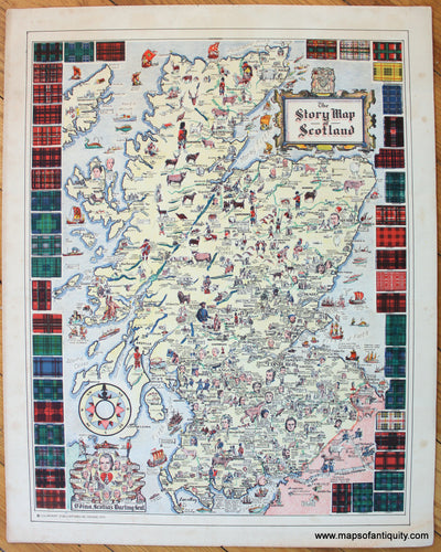 Antique-Map-The-Story-Map-of-Scotland-Pictorial-Scottish-Colortext-1935-Maps-Of-Antiquity