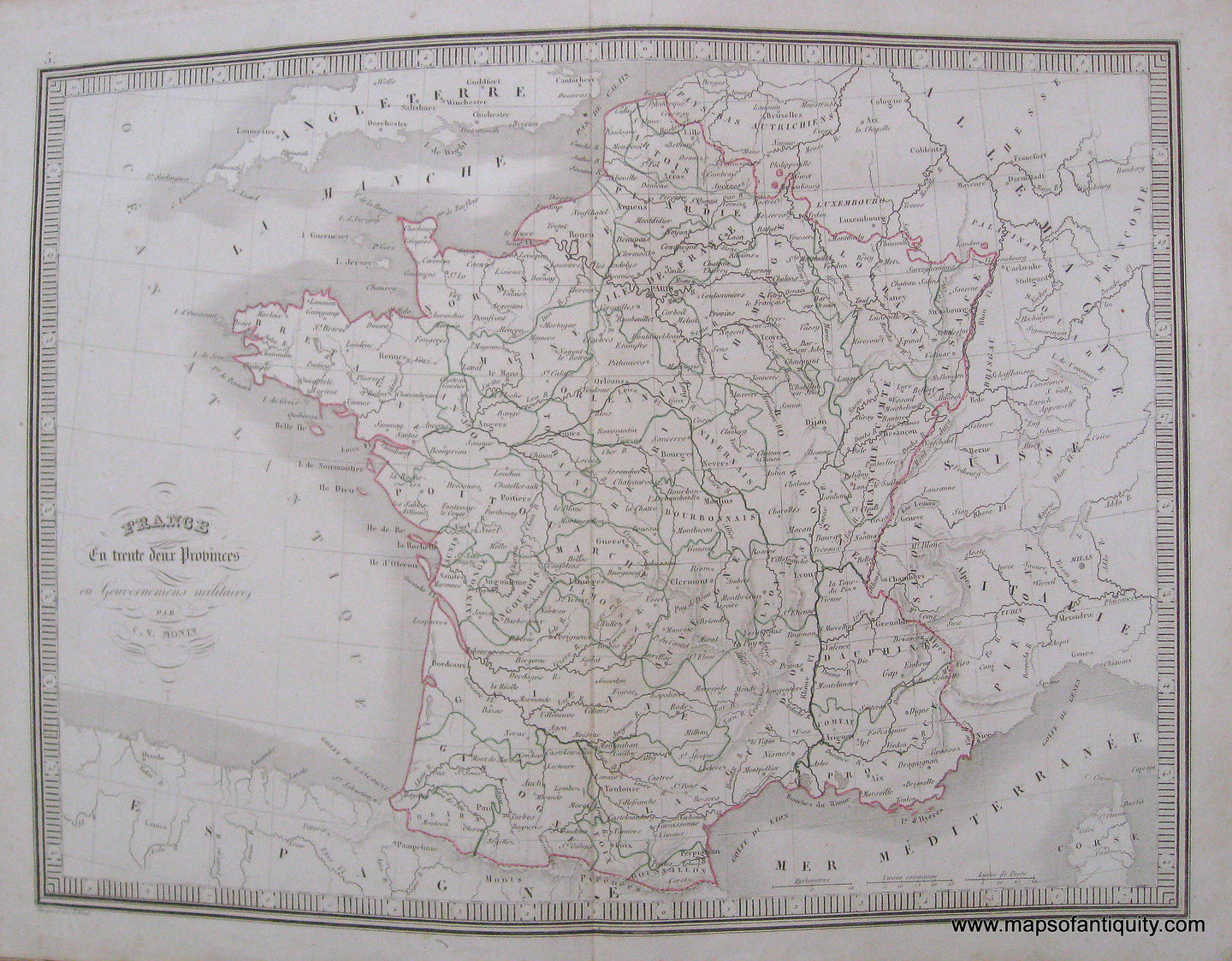 Antique-Hand-Colored-Map-France-en-deuex-Provinces-1846-Monin-France-1800s-19th-century-Maps-of-Antiquity