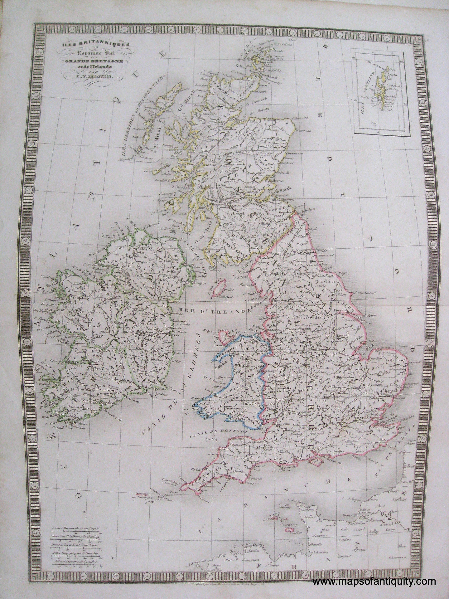 Antique-Hand-Colored-Map-Iles-Britanniques-ou-Royaume-uni-de-la-Grande-Bretagne-et-de-L'Irelande-1846-Monin-England-1800s-19th-century-Maps-of-Antiquity
