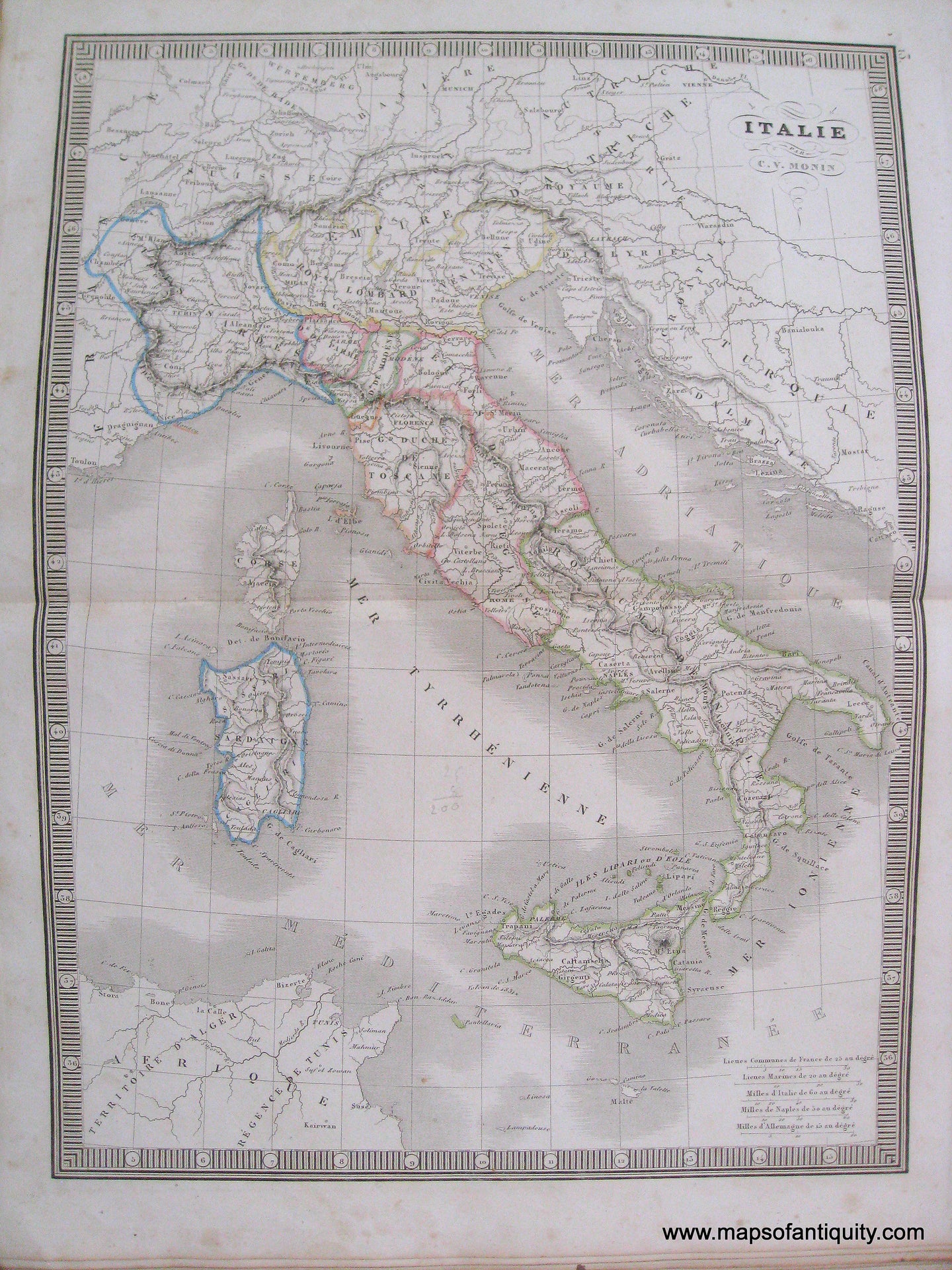 Antique-Hand-Colored-Map-Italie-(Italy)-1846-Monin-1800s-19th-century-Maps-of-Antiquity