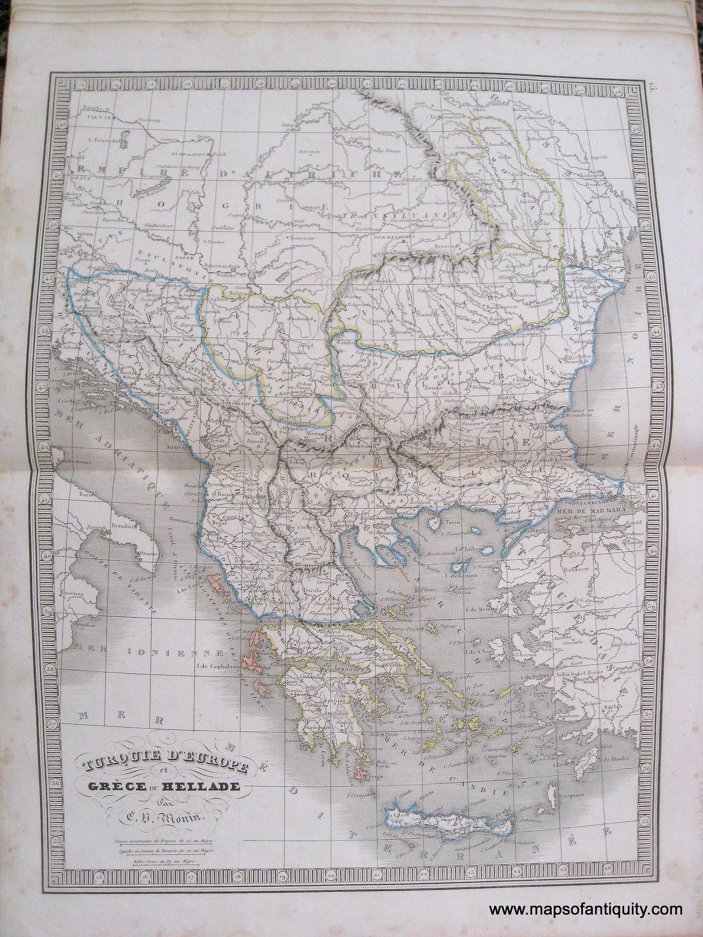 Antique-Hand-Colored-Map-Turquie-d'Europe-et-Grece-ou-Hellade-(Turkey-in-Europe-and-Greece)-1846-Monin-1800s-19th-century-Maps-of-Antiquity