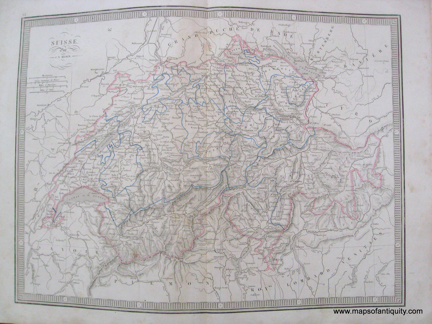 Antique-Hand-Colored-Map-Suisse-(Switzerland)-1846-Monin-1800s-19th-century-Maps-of-Antiquity