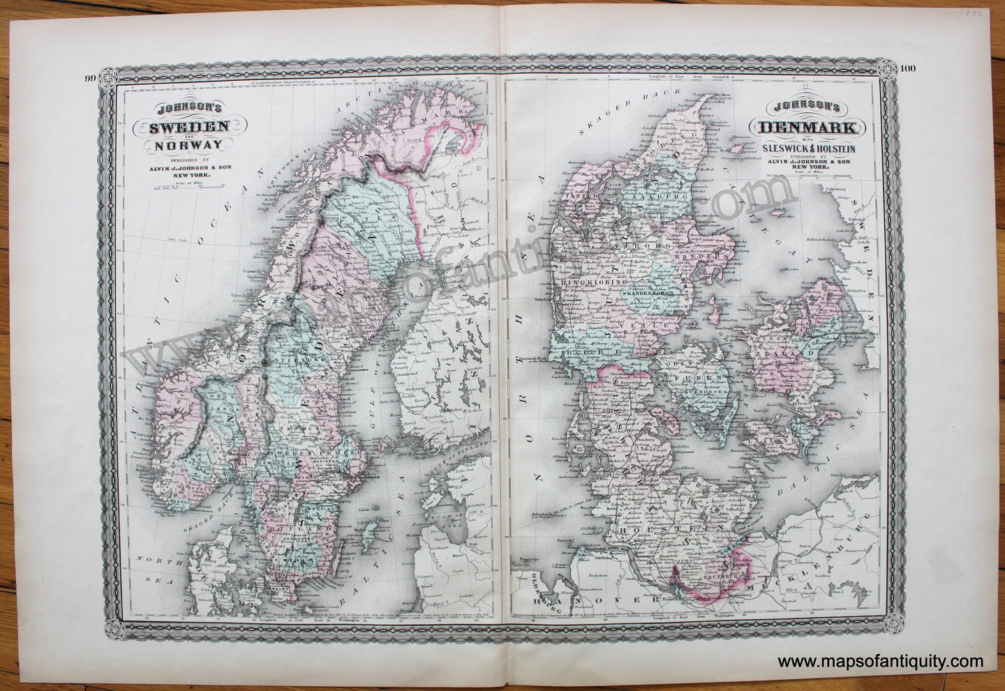 Antique-Hand-Colored-Map-Johnson's-Sweden-and-Norway;-Johnson's-Denmark-with-Sleswick-&-Holstein-1880-Alvin-J.-Johnson-&-Son-Scandinavia-Denmark-&-Iceland-1800s-19th-century-Maps-of-Antiquity