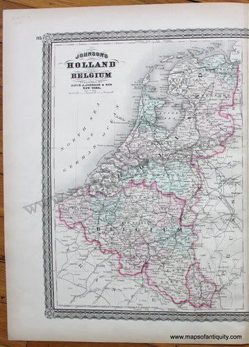 Antique-Hand-Colored-Map-Johnson's-Holland-and-Belgium-1880-Alvin-J.-Johnson-&-Son-Holland-and-Belgium-1800s-19th-century-Maps-of-Antiquity