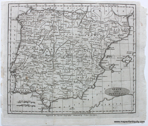 Antique-Black-and-White-Map-Spain-and-Portugal-Low-Spain-&-Portugal-1800s-19th-century-Maps-of-Antiquity