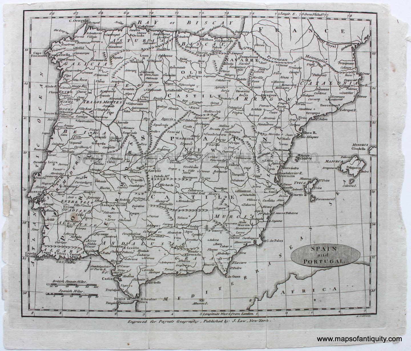 Antique-Black-and-White-Map-Spain-and-Portugal-Low-Spain-&-Portugal-1800s-19th-century-Maps-of-Antiquity