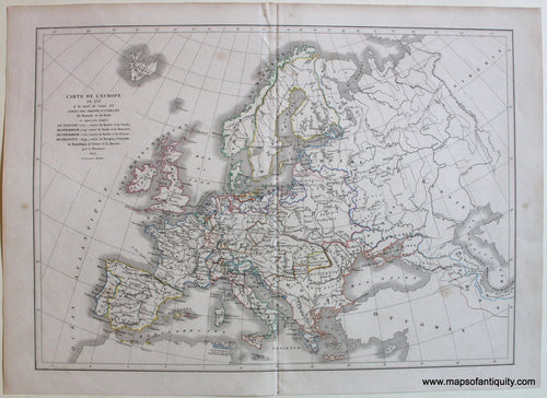 Antique-Hand-Colored-Map-Carte-de-L'Europe-en-1715-Europe-in-1715-1856-Dussieux-1800s-19th-century-Maps-of-Antiquity