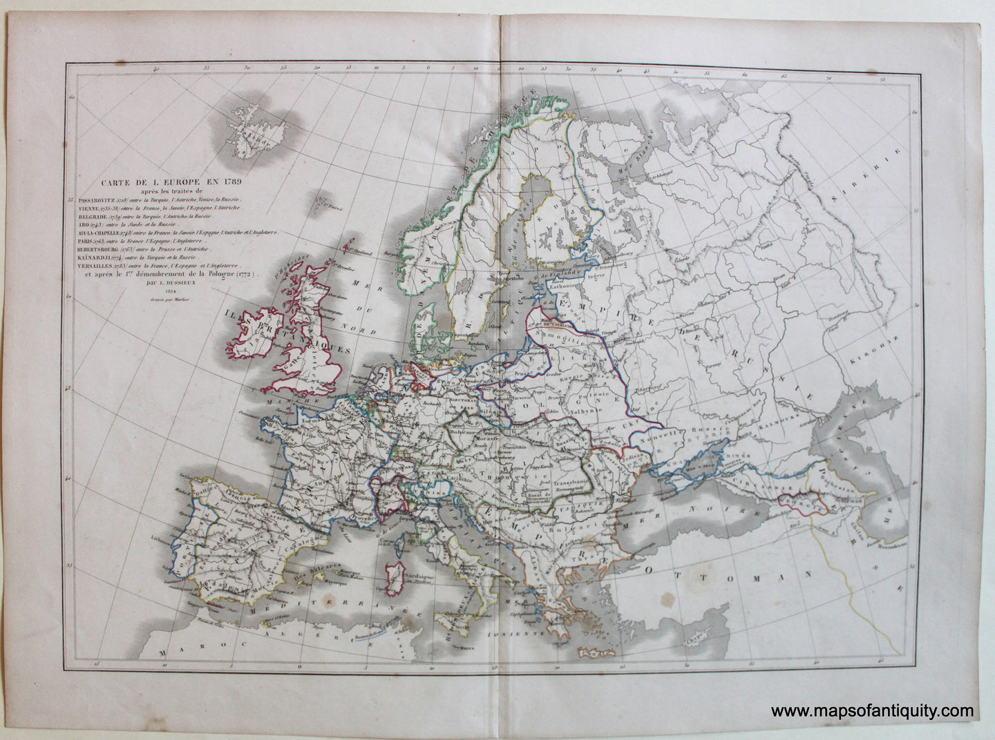 Antique-Hand-Colored-Map-Carte-de-L'Europe-en-1789-Europe-in-1789-1856-Dussieux-1800s-19th-century-Maps-of-Antiquity