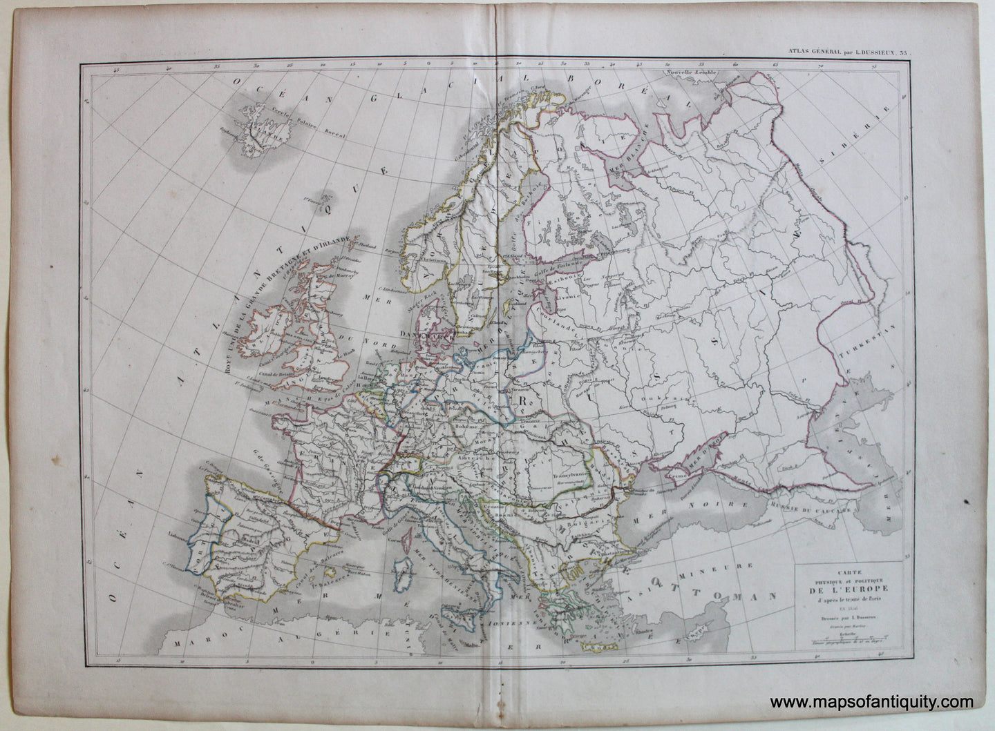 Antique-Hand-Colored-Map-Carte-Physique-et-Politique-de-L'Europe-d'-apres-le-traite-de-Paris-en-1856-1856-Dussieux-1800s-19th-century-Maps-of-Antiquity