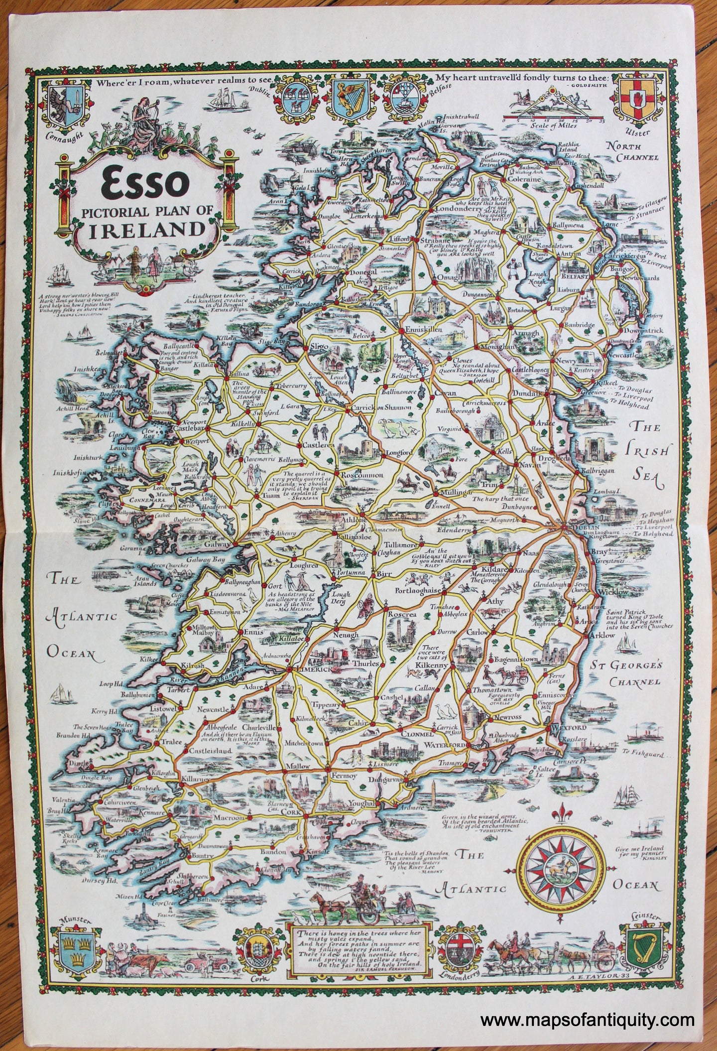 Antique-Printed-Color-Pictorial-Map-Esso-Pictorial-Plan-of-Ireland-1933-A.E.-Taylor-Ireland-1900s-20th-century-Maps-of-Antiquity