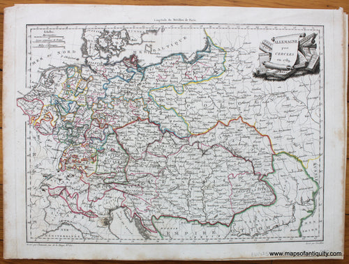 Antique-Hand-Colored-Map-Allemagne-par-Cercles-en-1789-1812-Malte-Brun-Lapie-Germany-1800s-19th-century-Maps-of-Antiquity