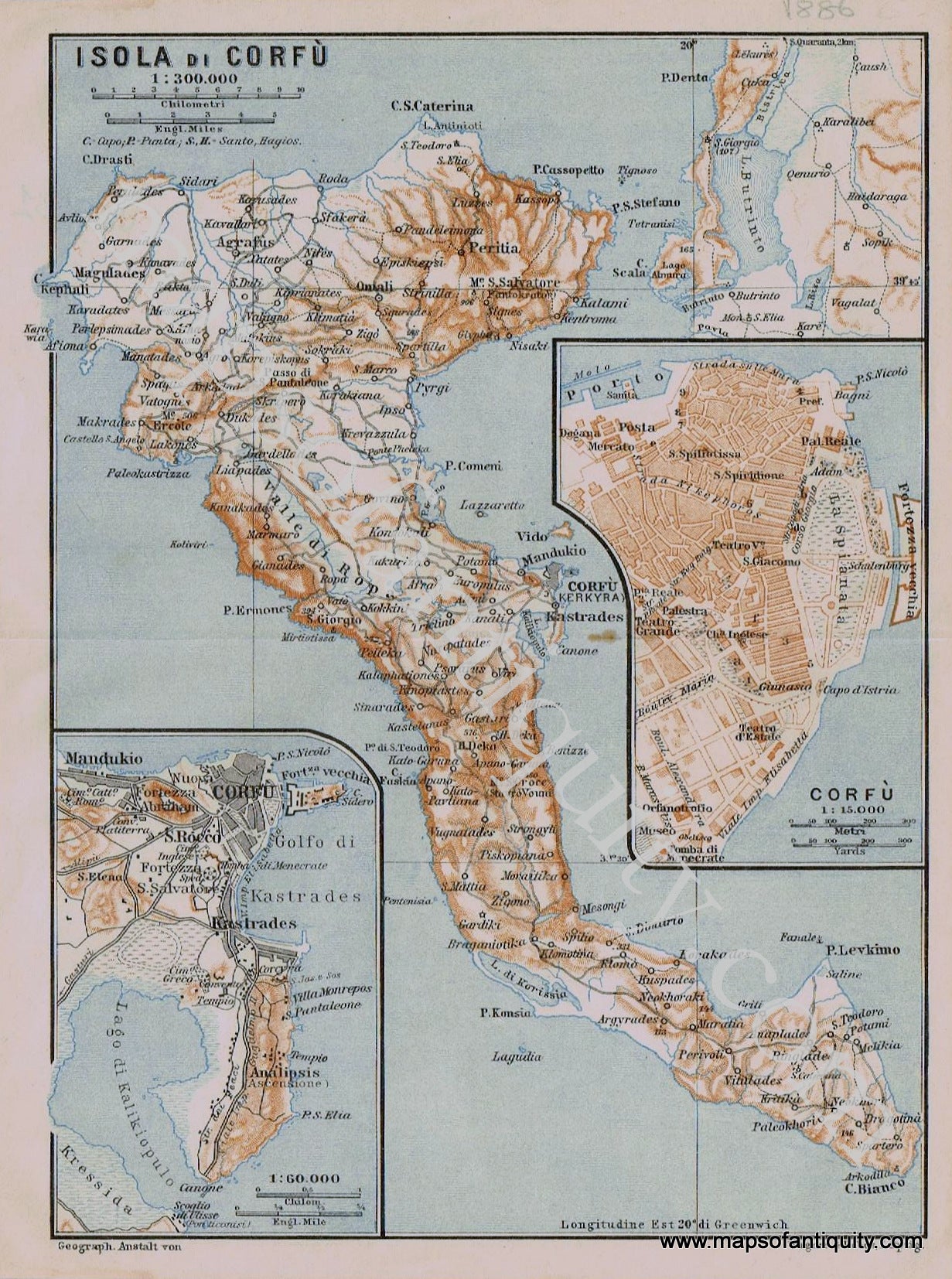 Antique-Printed-Color-Map-Corfu,-Greece-Isola-di-Corfu-Town-1886-Baedeker-Greece-&-the-Balkans-1800s-19th-century-Maps-of-Antiquity