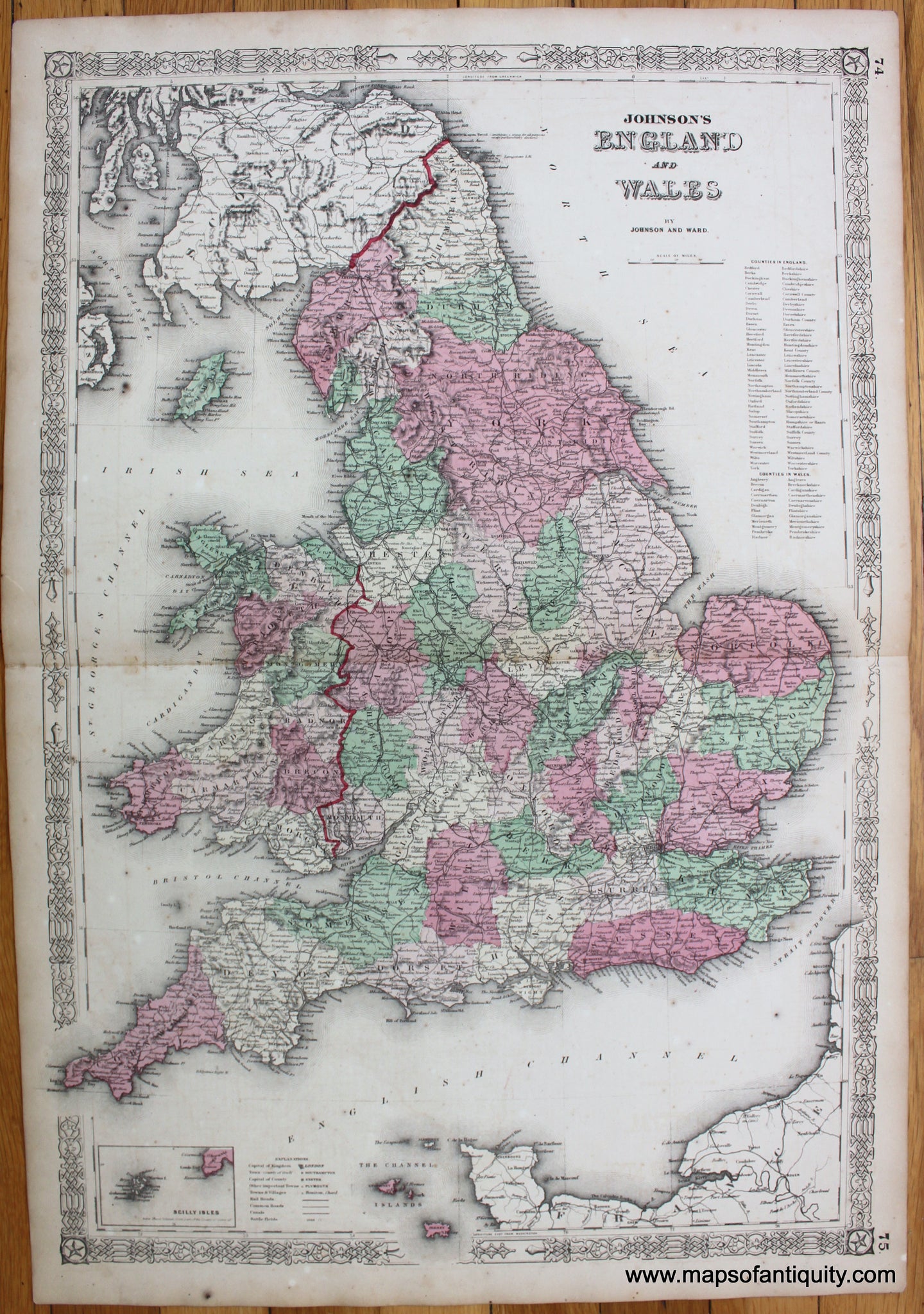 Antique-Hand-Colored-Map-Johnson's-England-and-Wales-1864-Johnson-&-Ward-England-1800s-19th-century-Maps-of-Antiquity