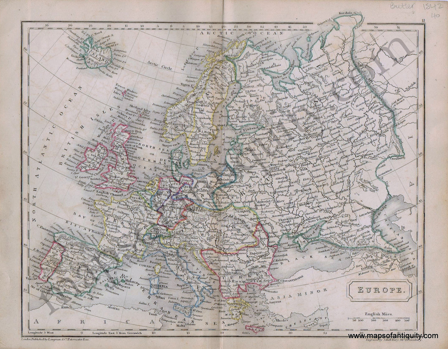 Antique-Hand-Colored-Map-Europe.-1842-Butler-1800s-19th-century-Maps-of-Antiquity