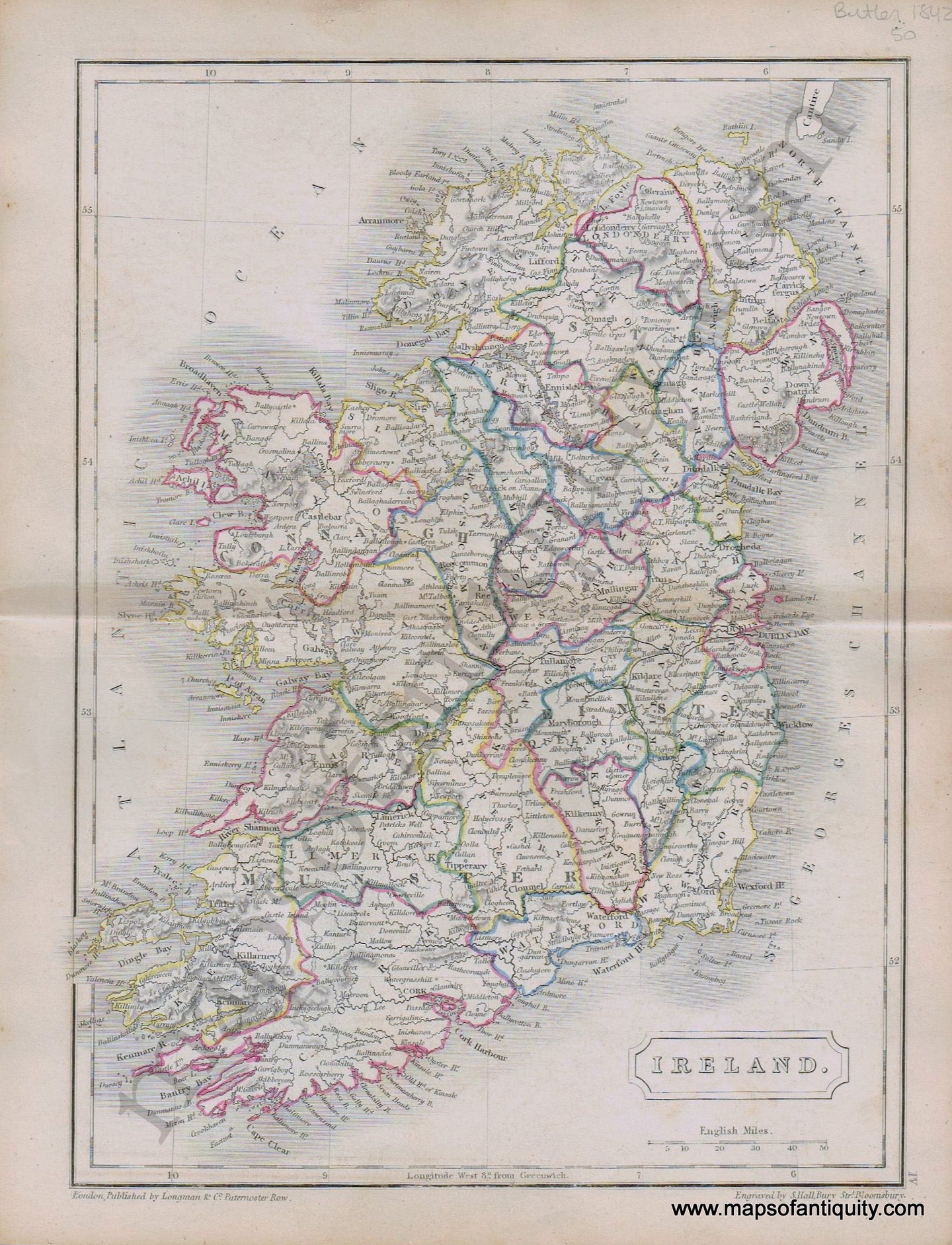 Antique-Hand-Colored-Map-Ireland.-1842-Butler-Ireland-1800s-19th-century-Maps-of-Antiquity