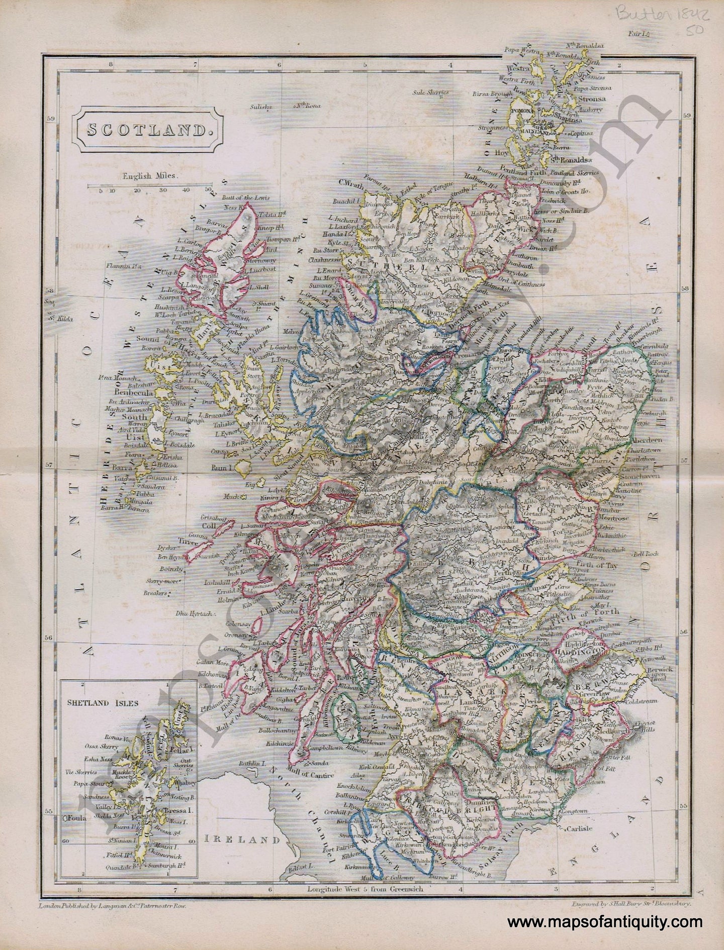Antique-Hand-Colored-Map-Scotland.-1842-Butler-Scotland-1800s-19th-century-Maps-of-Antiquity