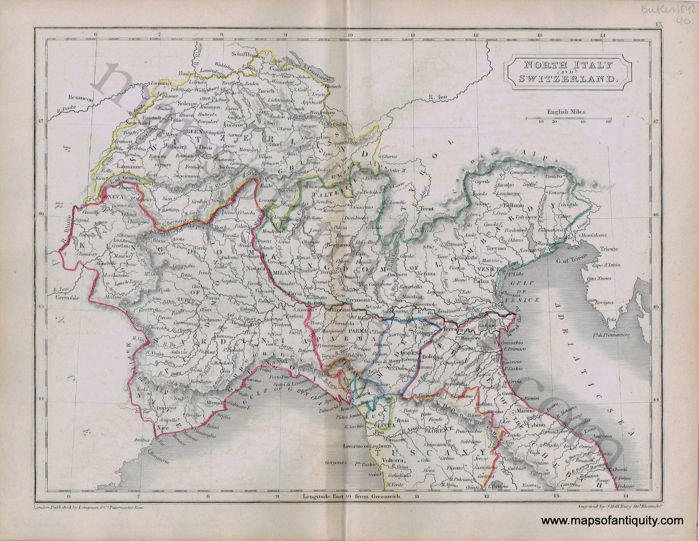 Antique-Hand-Colored-Map-North-Italy-and-Switzerland.-1842-Butler-Italy-Switzerland-1800s-19th-century-Maps-of-Antiquity