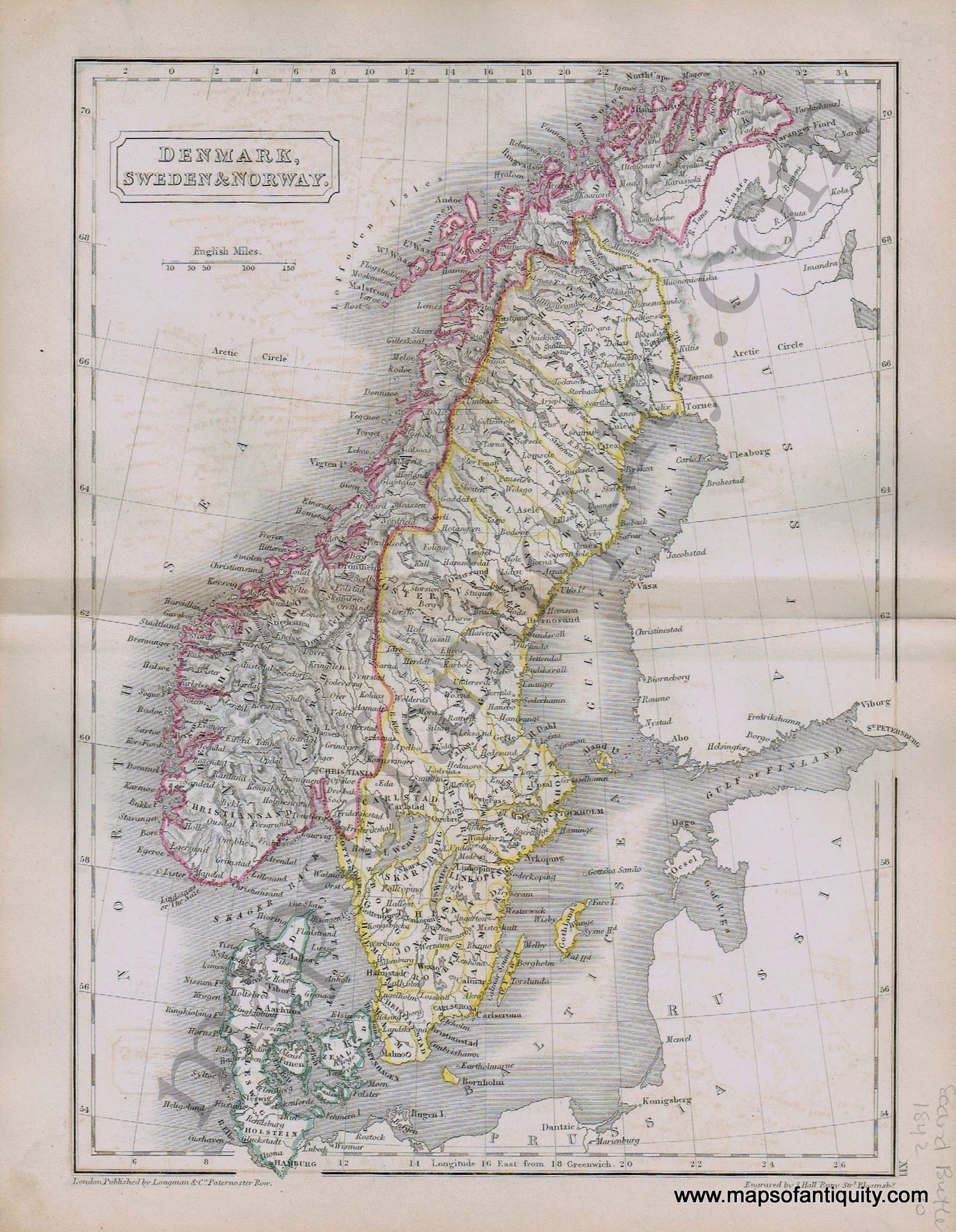 Antique-Hand-Colored-Map-Denmark-Sweden-&-Norway.-1842-Butler-Scandinavia-Denmark-&-Iceland-1800s-19th-century-Maps-of-Antiquity