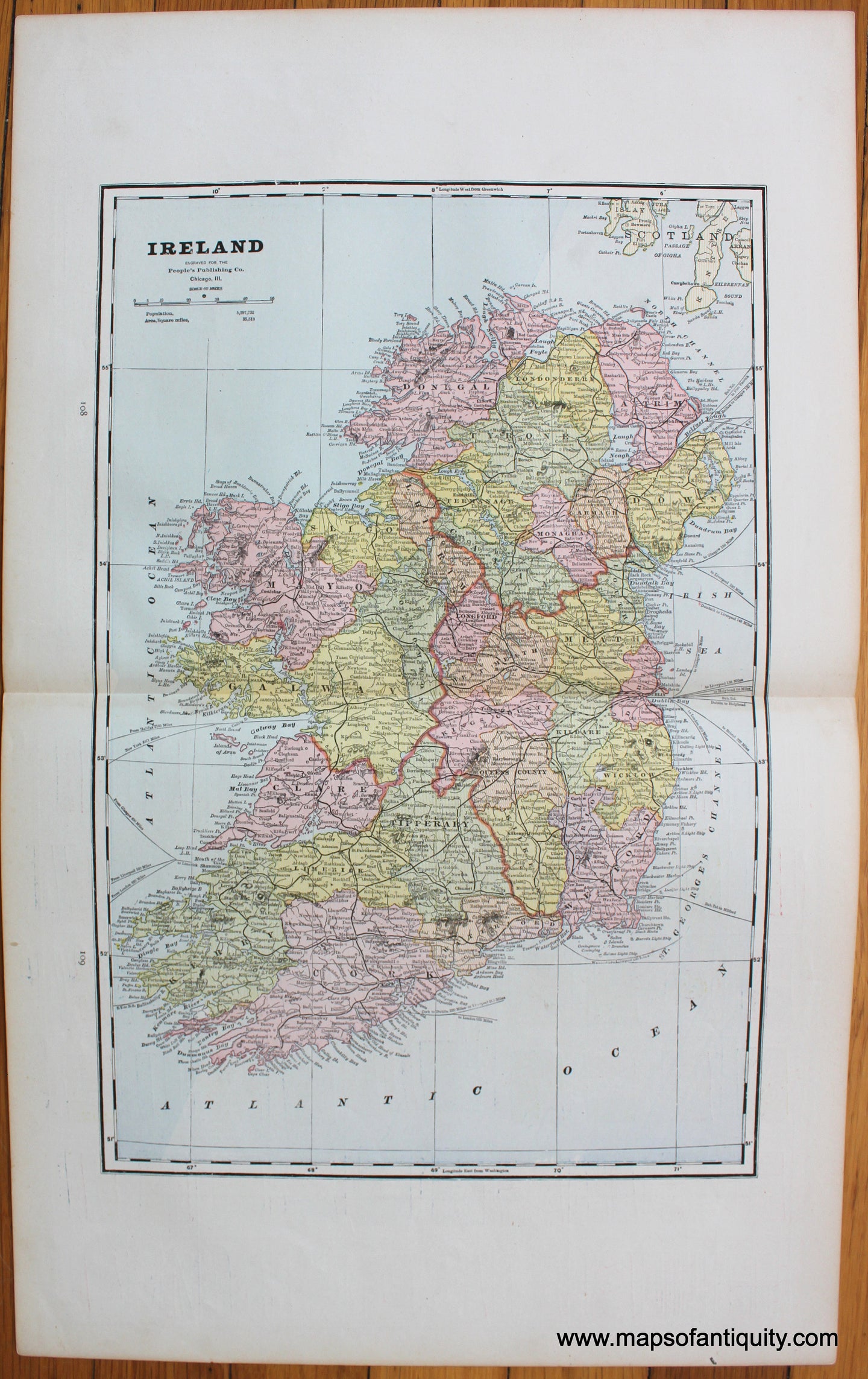 Antique-Printed-Color-Map-Ireland;-verso:-Map-of-the-Polar-Regions-Showing-the-recent-Arctic-Discoveries-Flags-of-all-Nations-1888-PeopleÃ¢â‚¬â„¢s-Publishing-Company-Ireland-Polar-1800s-19th-century-Maps-of-Antiquity