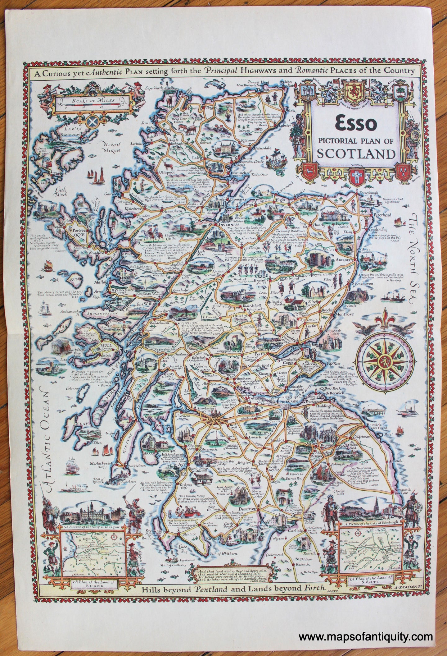 Antique-Printed-Color-Pictorial-Map-Esso-Pictorial-Plan-of-Scotland-1933-A.E.-Taylor-Ireland-1900s-20th-century-Maps-of-Antiquity