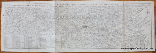 Antique-Uncolored-Map-A-Correct-Draught-of-the-River-Thames-from-its-Spring-in-Gloucester-Shireto-its-Influx-into-the-Seawith-a-Table-of-all-the-BridgesLocksWears-&c.-thereupon-The-Tolls-payable-at-each-and-their-distance-by-Water-from-each-other.-Exhibiting-also-the-Coutries-adjacent-&c.-The-whole-carefully-Compiled-from-modern-Surveys-&-Authentic-Intelligence.-1775-Bowen/London-Magazine-England-1700s-18th-century-Maps-of-Antiquity