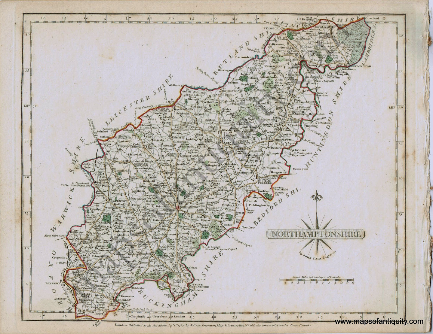 Antique-Hand-Colored-Map-Nothamptonshire-1787-John-Cary-England--1700s-18th-century-Maps-of-Antiquity