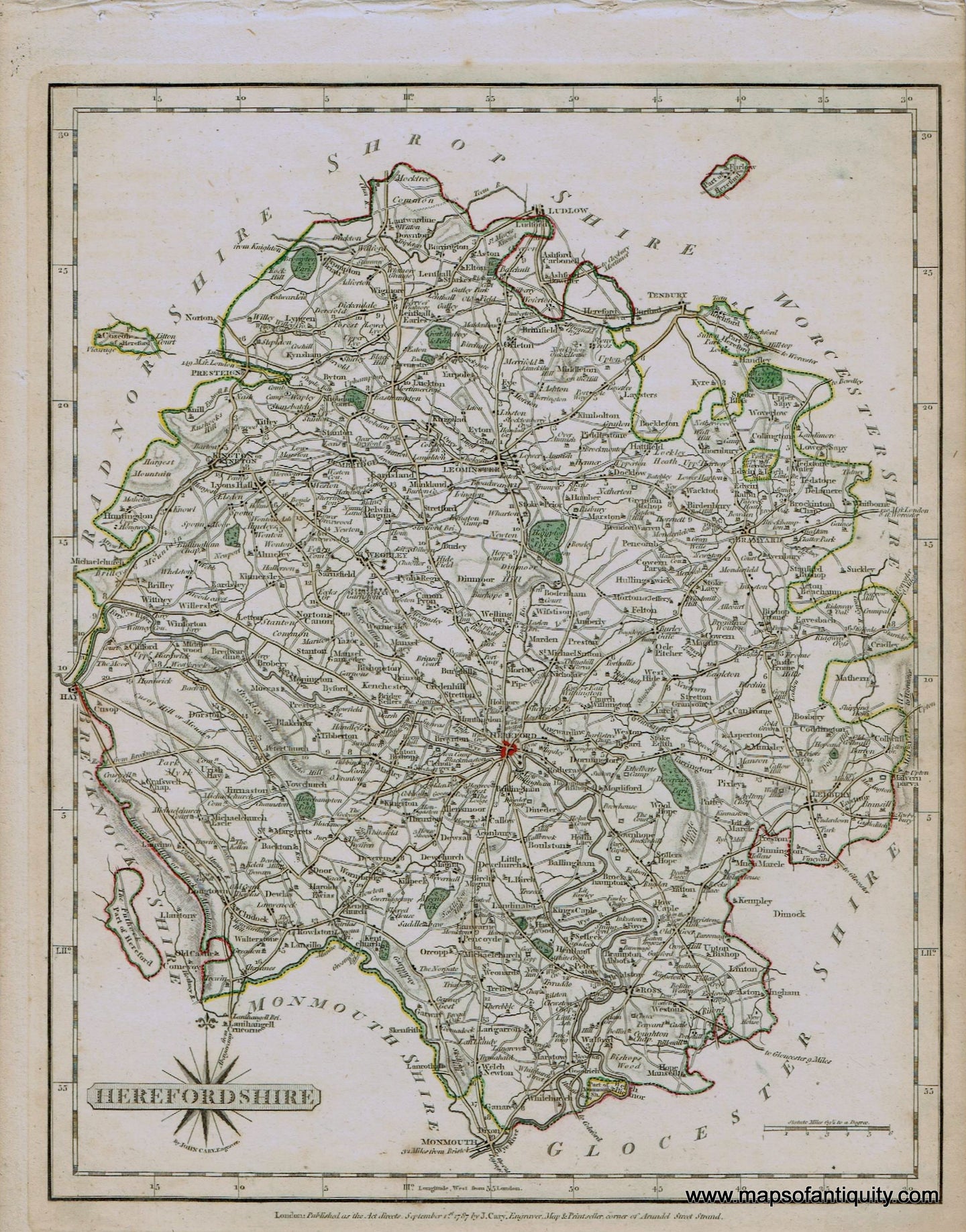 Antique-Hand-Colored-Map-Herefordshire-1787-John-Cary-England--1700s-18th-century-Maps-of-Antiquity