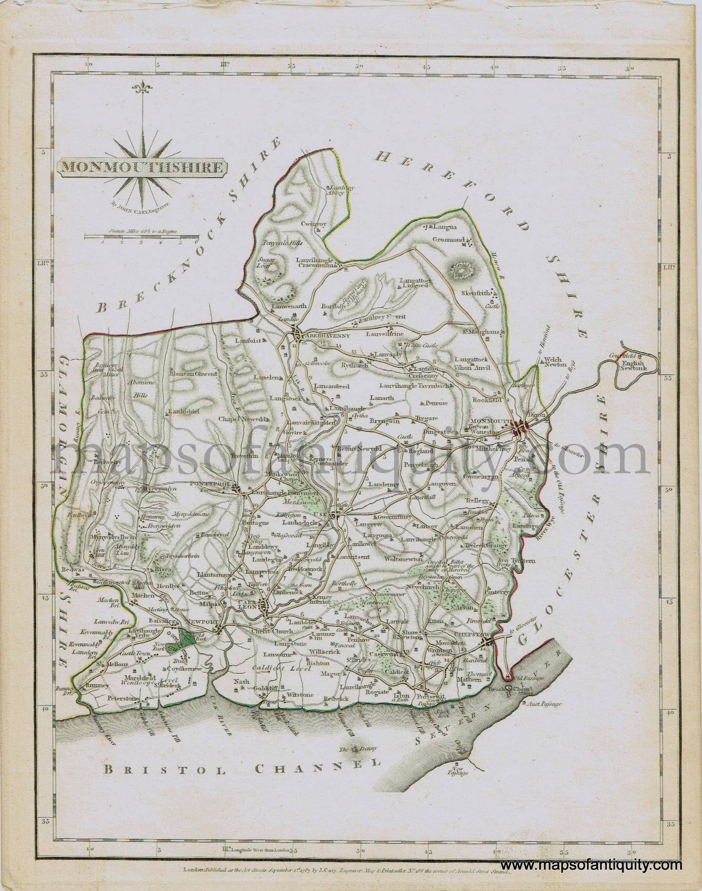 Antique-Hand-Colored-Map-Monmouthshire-1787-John-Cary-England--1700s-18th-century-Maps-of-Antiquity