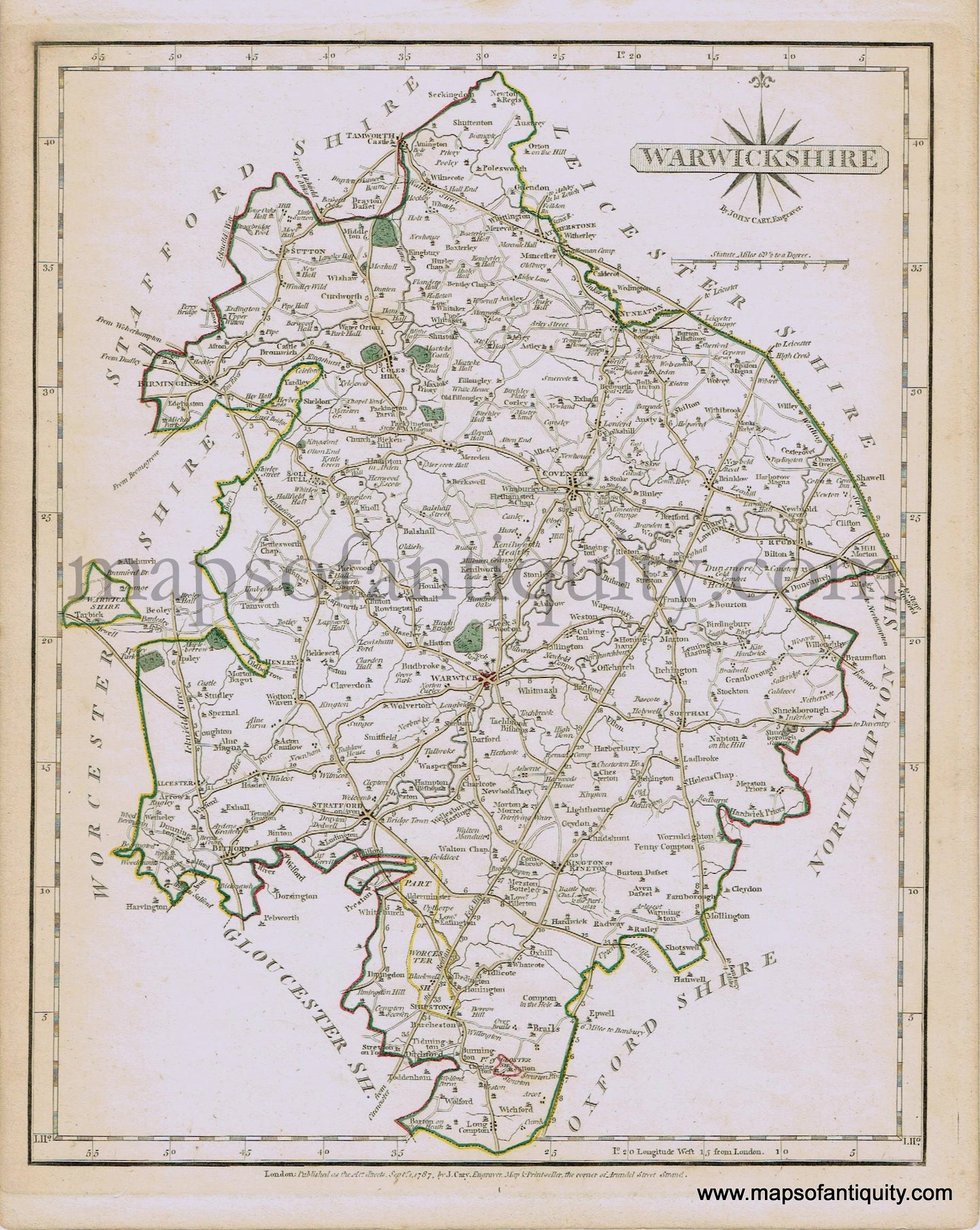 Antique-Hand-Colored-Map-Warwickshire-1787-John-Cary-England--1700s-18th-century-Maps-of-Antiquity