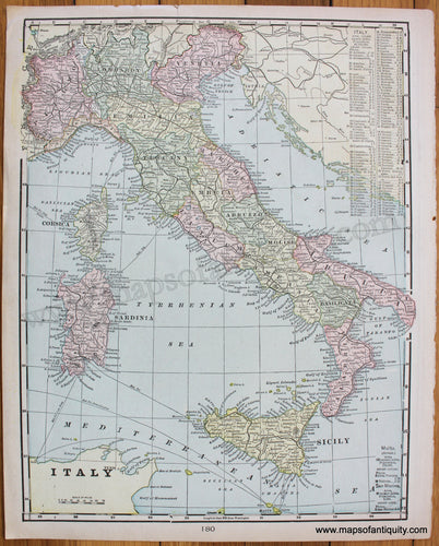 Antique-Printed-Color-Map-Italy;-verso:-Switzerland-1898-Rand-McNally-Italy--1800s-19th-century-Maps-of-Antiquity