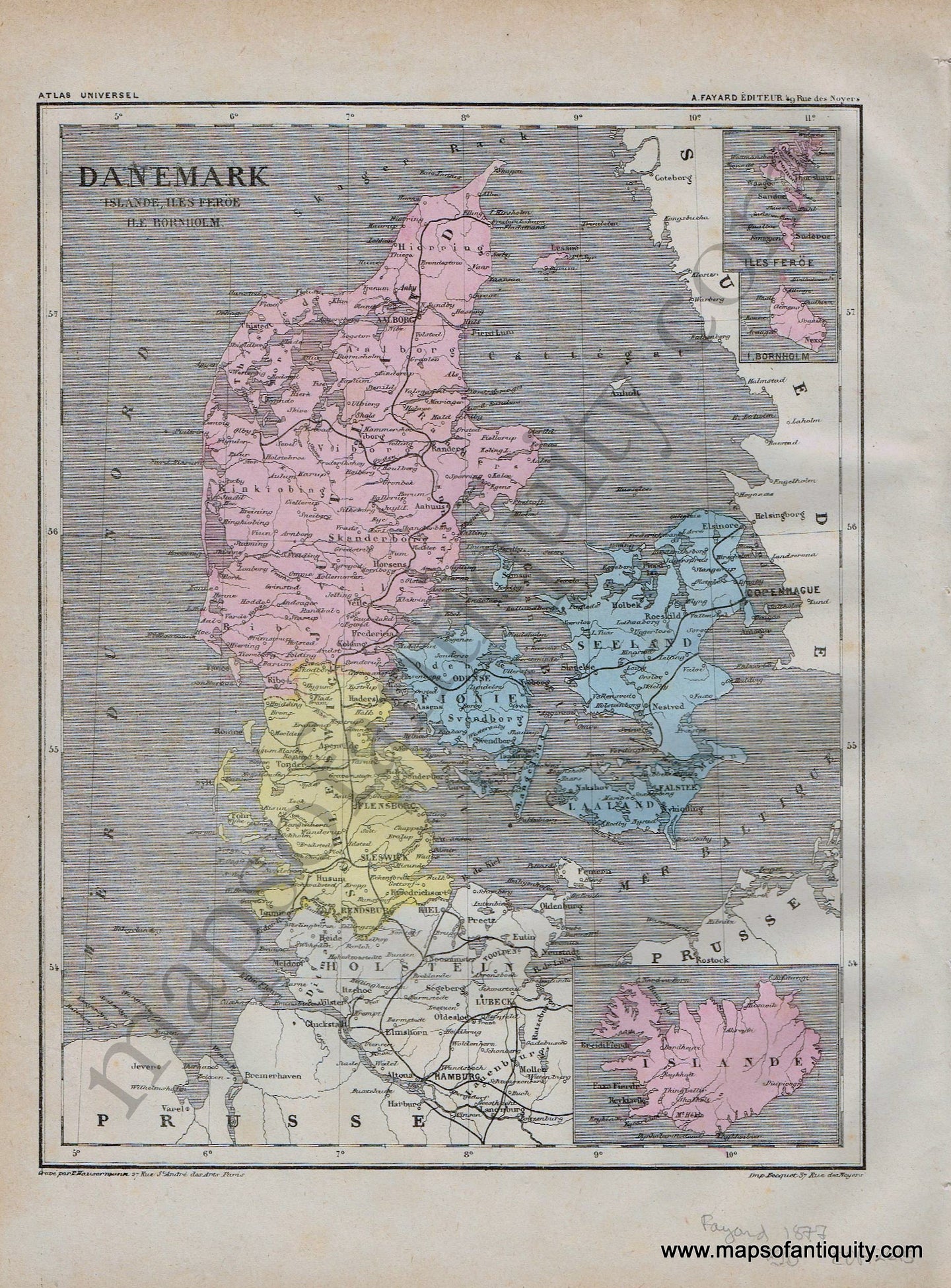 Antique-Printed-Color-Map-Europe-Danemark---Denmark-1877-Fayard-Denmark-1800s-19th-century-Maps-of-Antiquity