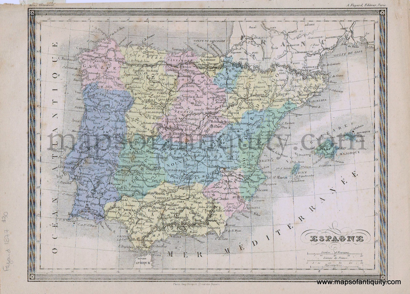 Antique-Printed-Color-Map-Europe-Espagne---Spain-and-Portugal-1877-Fayard-Spain-and-Portugal-1800s-19th-century-Maps-of-Antiquity