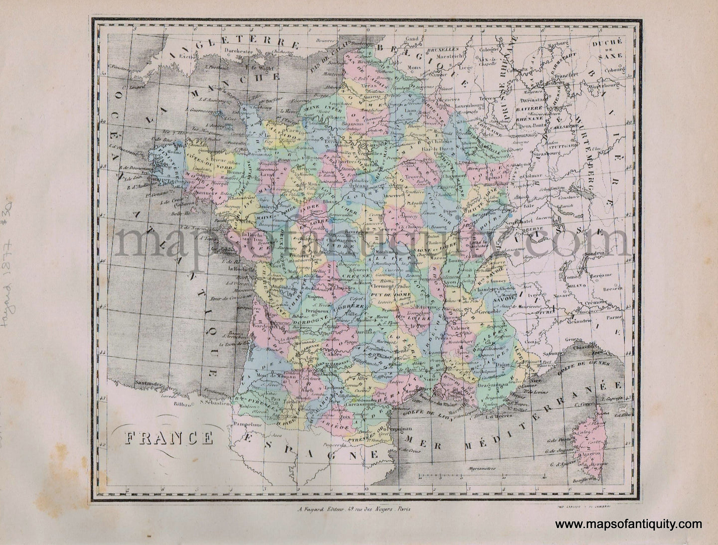 Antique-Printed-Color-Map-Europe-France--1877-Fayard-France-1800s-19th-century-Maps-of-Antiquity