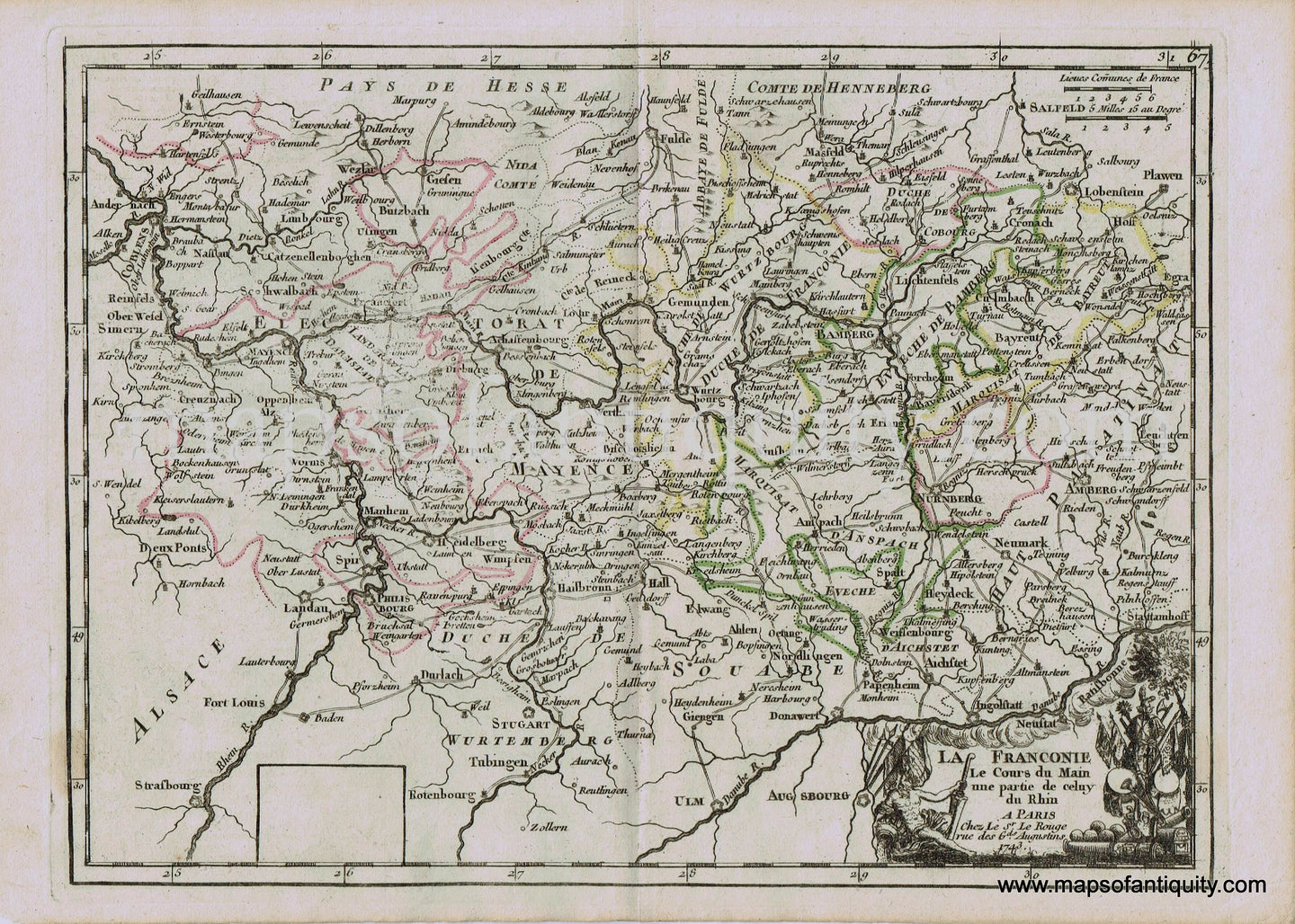 Antique-Hand-Colored-Map-Europe-La-Franconie-Le-Cours-du-Main-une-partie-de-celuy-du-Rhin-1748-Le-Rouge-Germany-1700s-18th-century-Maps-of-Antiquity