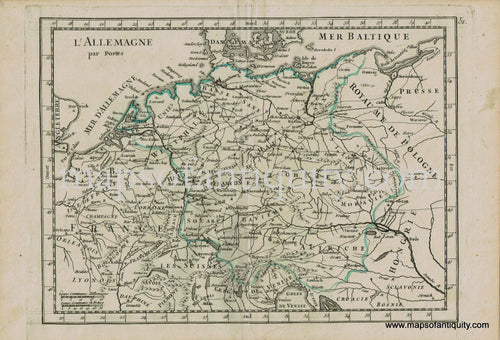 Antique-Hand-Colored-Map-Europe-L'Allemagne-par-Postes-1748-Le-Rouge-Germany-1700s-18th-century-Maps-of-Antiquity
