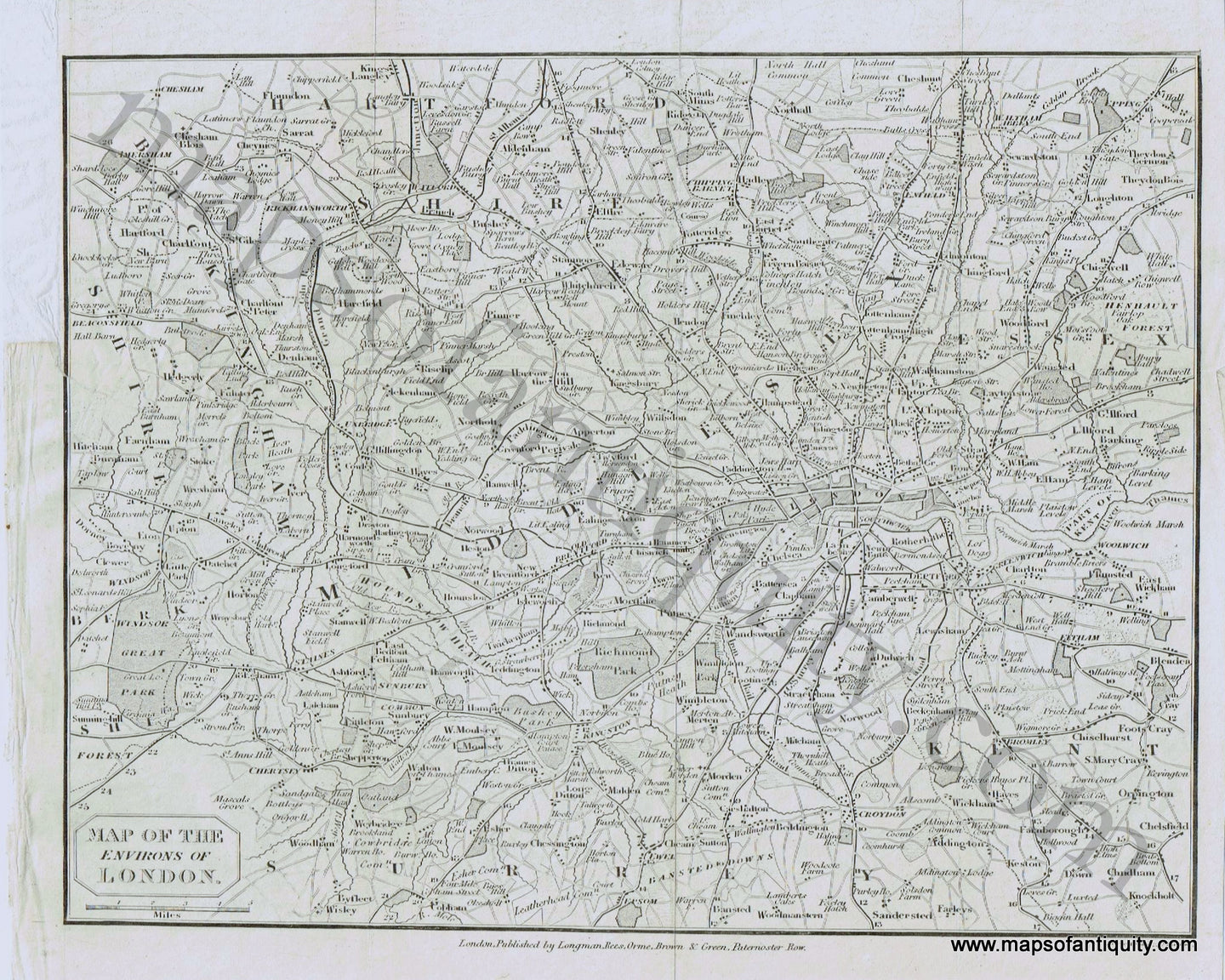 Antique-Black-and-White-Map-Europe-Map-of-the-Environs-of-London--c.-1828-Longman-Rees-Orme-Brown-&-Green-England-1800s-19th-century-Maps-of-Antiquity