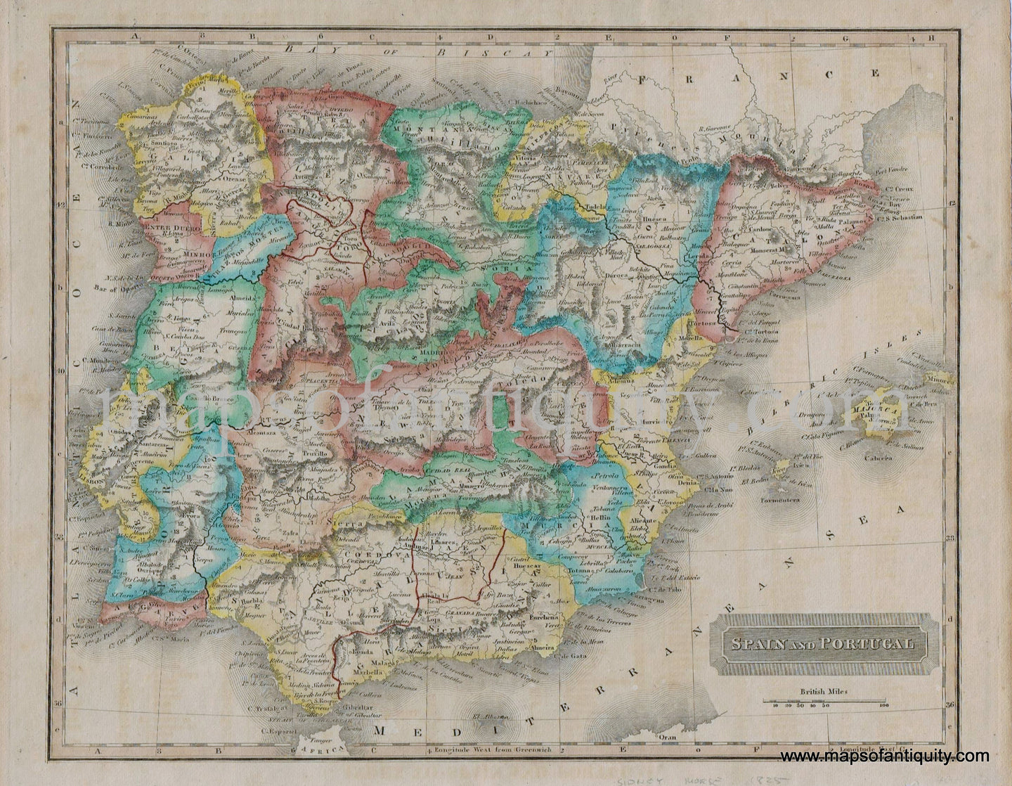 Antique-Hand-Colored-Map-Europe-Spain-and-Portugal-1825-Morse-Spain-&-Portugal-1800s-19th-century-Maps-of-Antiquity