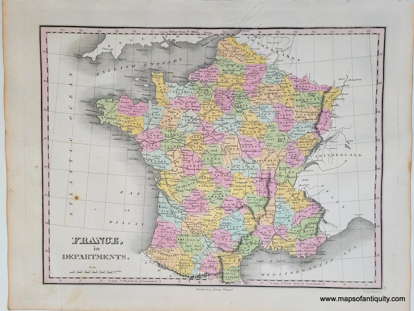 Antique-Hand-Colored-Map-France-in-Departments.-**********-Europe-France-1824-Anthony-Finley-Maps-Of-Antiquity