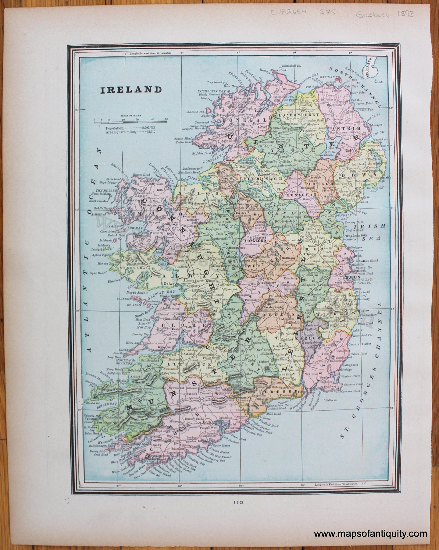 Antique-Printed-Color-Map-Europe-Ireland-verso:-Scotland-1893-Gaskell-Ireland-1800s-19th-century-Maps-of-Antiquity