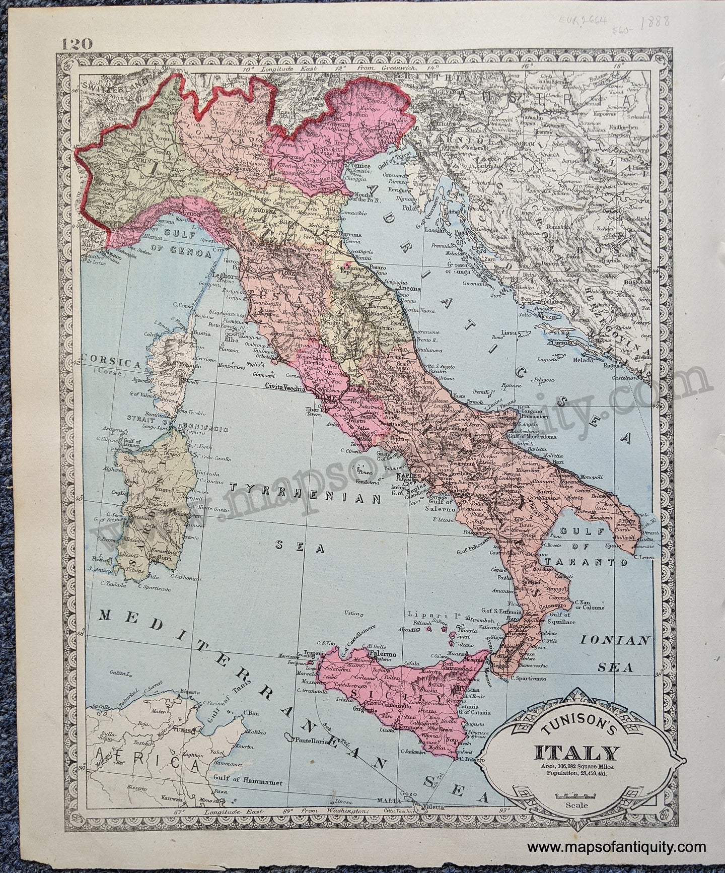 Antique-Map-Tunison's-Italy;-verso:-Tunison's-Austria-Europe--1888-Tunison-Maps-Of-Antiquity-1800s-19th-century