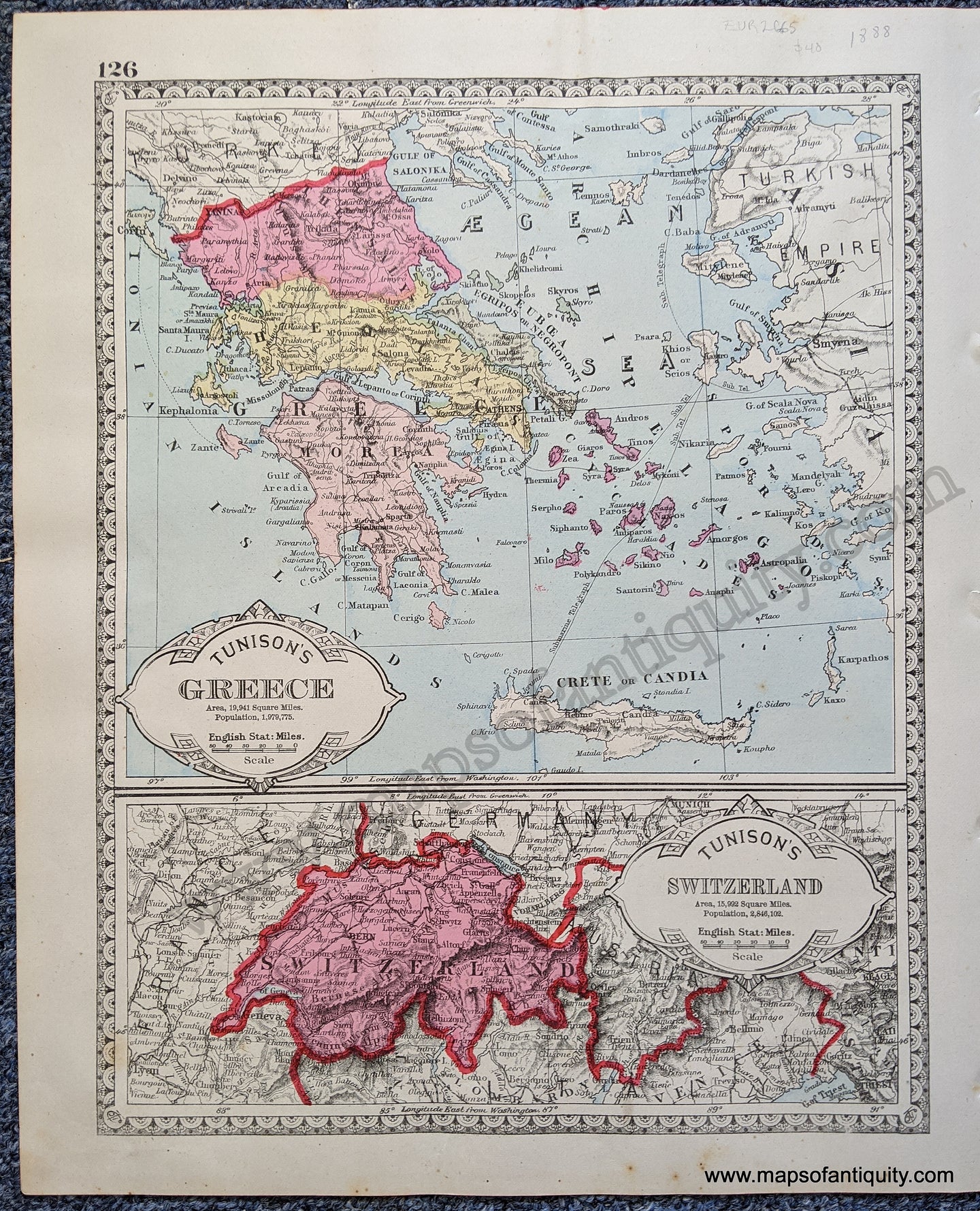 Antique-Map-Tunison's-Greece-and-Tunison's-Switzerland;-verso:-Tunison's-Turkey-in-Europe-Roumania-Servia-and-Montenegro-Europe--1888-Tunison-Maps-Of-Antiquity-1800s-19th-century